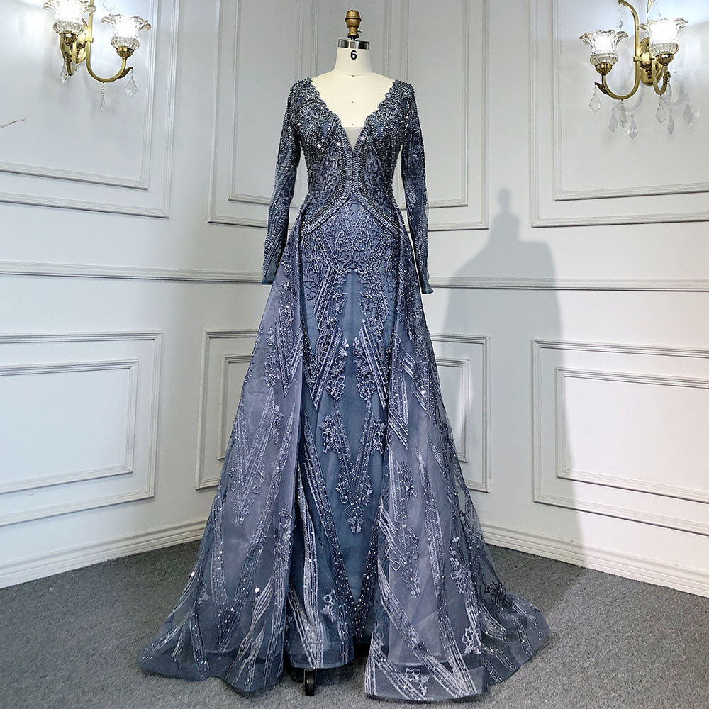 Blue Luxury Mermaid Overskirt Evening Dresses Gowns 2025 Beaded Elegant Long Sleeves For Women Party Serene Hill LA71619 - SERENE HILL