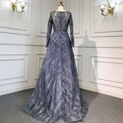 Blue Luxury Mermaid Overskirt Evening Dresses Gowns 2025 Beaded Elegant Long Sleeves For Women Party Serene Hill LA71619 - SERENE HILL