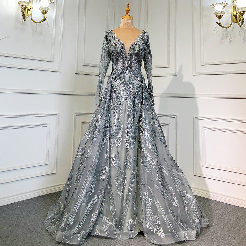 Blue Luxury Mermaid Overskirt Evening Dresses Gowns 2025 Beaded Elegant Long Sleeves For Women Party Serene Hill LA71619 - SERENE HILL