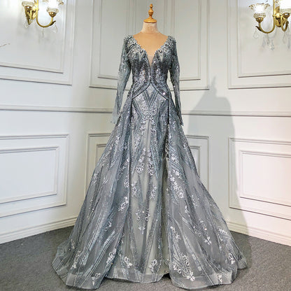 Blue Luxury Mermaid Overskirt Evening Dresses Gowns 2025 Beaded Elegant Long Sleeves For Women Party Serene Hill LA71619 - SERENE HILL