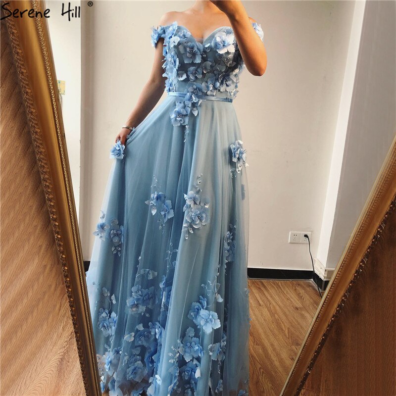 On Sale No Return No Refund Blue Off Shoulder Handmade Flowers Evening Dresses Pearls Sleeveless Sexy A-Line Evening Gowns 2025 Serene Hill LA70189 - SERENE HILL