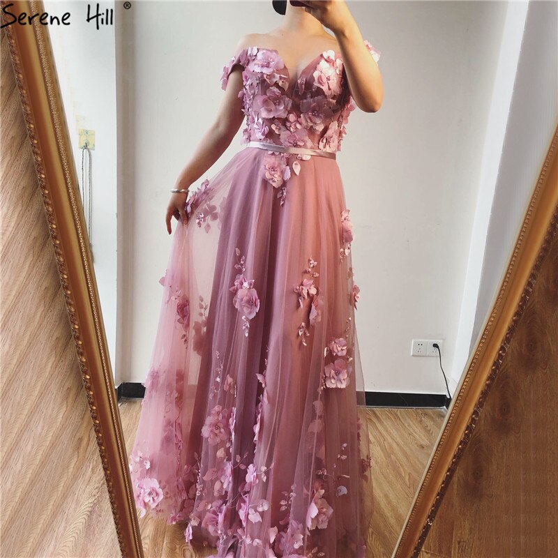 On Sale No Return No Refund Blue Off Shoulder Handmade Flowers Evening Dresses Pearls Sleeveless Sexy A-Line Evening Gowns 2025 Serene Hill LA70189 - SERENE HILL