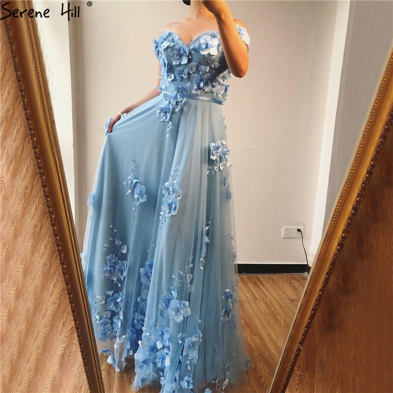 On Sale No Return No Refund Blue Off Shoulder Handmade Flowers Evening Dresses Pearls Sleeveless Sexy A-Line Evening Gowns 2025 Serene Hill LA70189 -
