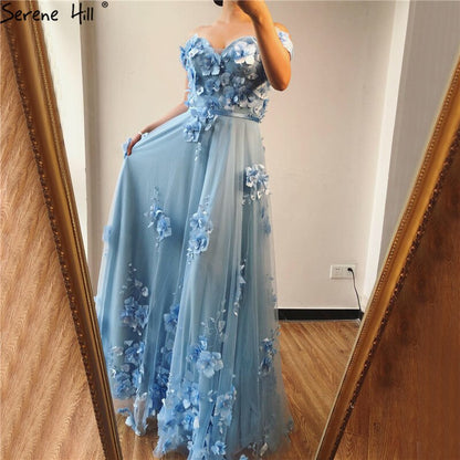On Sale No Return No Refund Blue Off Shoulder Handmade Flowers Evening Dresses Pearls Sleeveless Sexy A-Line Evening Gowns 2025 Serene Hill LA70189 - SERENE HILL