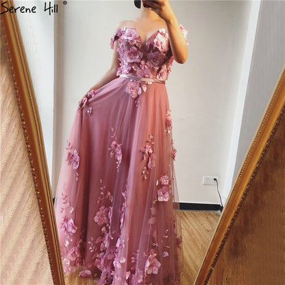On Sale No Return No Refund Blue Off Shoulder Handmade Flowers Evening Dresses Pearls Sleeveless Sexy A-Line Evening Gowns 2025 Serene Hill LA70189 - SERENE HILL