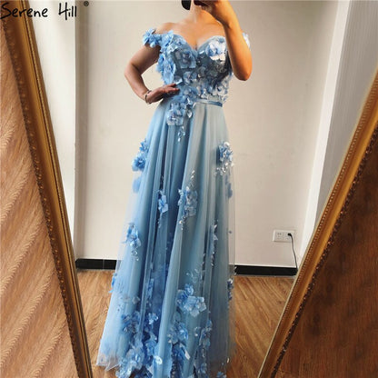 On Sale No Return No Refund Blue Off Shoulder Handmade Flowers Evening Dresses Pearls Sleeveless Sexy A-Line Evening Gowns 2025 Serene Hill LA70189 - SERENE HILL
