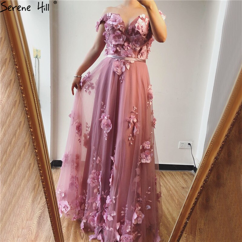 On Sale No Return No Refund Blue Off Shoulder Handmade Flowers Evening Dresses Pearls Sleeveless Sexy A-Line Evening Gowns 2025 Serene Hill LA70189 - SERENE HILL