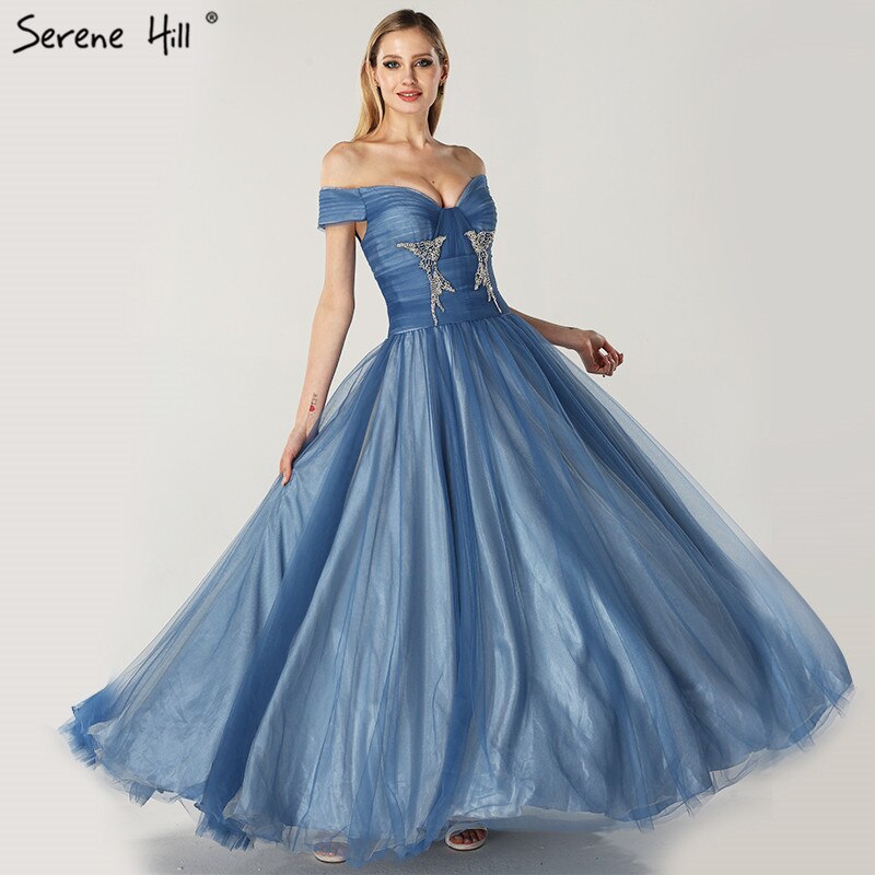 On Sale no return no refundSale Blue Off Shoulder Sexy Ball Gowns Evening Dresses 2025 Tulle Beading Crystal Sleeveless Evening Gowns Serene Hill LA6678 - SERENE HILL