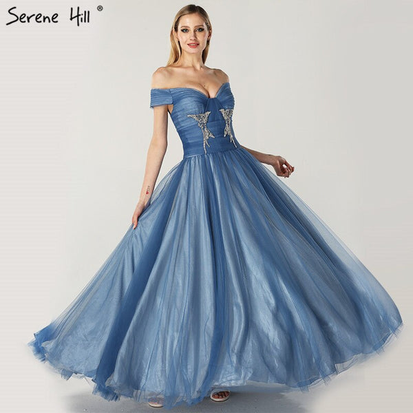 On Sale no return no refundSale Blue Off Shoulder Sexy Ball Gowns Evening Dresses 2025 Tulle Beading Crystal Sleeveless Evening Gowns Serene Hill LA6678