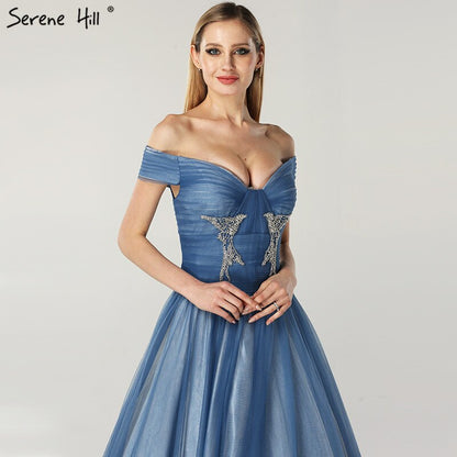 On Sale no return no refundSale Blue Off Shoulder Sexy Ball Gowns Evening Dresses 2025 Tulle Beading Crystal Sleeveless Evening Gowns Serene Hill LA6678 - SERENE HILL