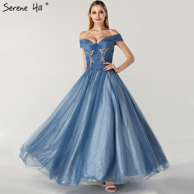 On Sale no return no refundSale Blue Off Shoulder Sexy Ball Gowns Evening Dresses 2025 Tulle Beading Crystal Sleeveless Evening Gowns Serene Hill LA6678 - SERENE HILL