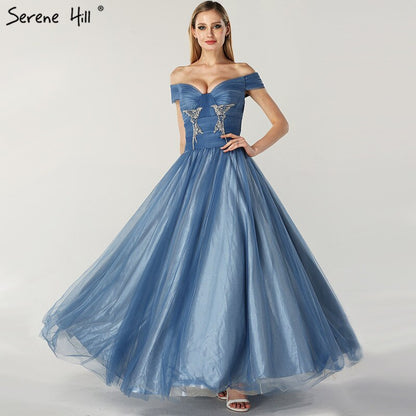 On Sale no return no refundSale Blue Off Shoulder Sexy Ball Gowns Evening Dresses 2025 Tulle Beading Crystal Sleeveless Evening Gowns Serene Hill LA6678 - SERENE HILL