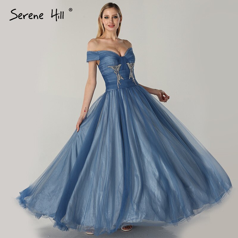 On Sale no return no refundSale Blue Off Shoulder Sexy Ball Gowns Evening Dresses 2025 Tulle Beading Crystal Sleeveless Evening Gowns Serene Hill LA6678 - SERENE HILL
