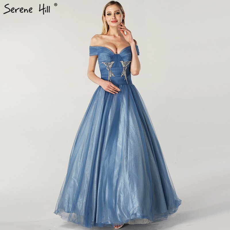 On Sale no return no refundSale Blue Off Shoulder Sexy Ball Gowns Evening Dresses 2025 Tulle Beading Crystal Sleeveless Evening Gowns Serene Hill LA6678 - SERENE HILL