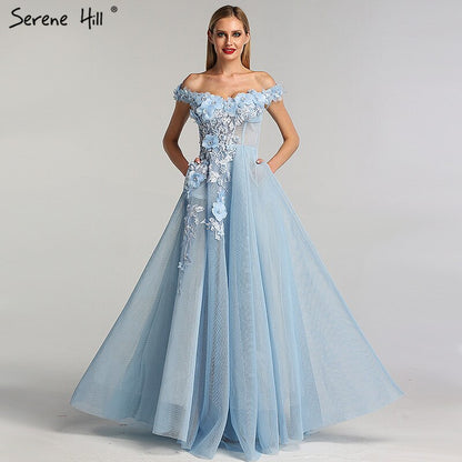 Sale Blue Off Shoulder Sexy Beach Evening Dresses Handmade Flowers Pearls Sleeveless Evening Gowns 2025 Serene Hill LA60868 - SERENE HILL