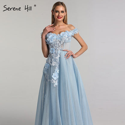 Sale Blue Off Shoulder Sexy Beach Evening Dresses Handmade Flowers Pearls Sleeveless Evening Gowns 2025 Serene Hill LA60868 - SERENE HILL
