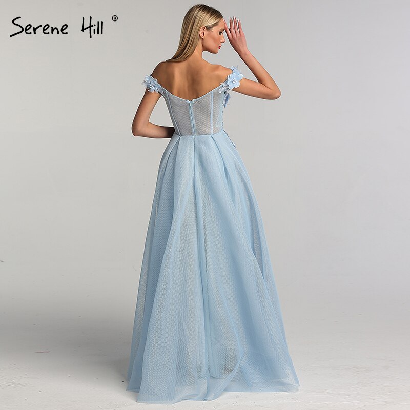 Sale Blue Off Shoulder Sexy Beach Evening Dresses Handmade Flowers Pearls Sleeveless Evening Gowns 2025 Serene Hill LA60868 - SERENE HILL