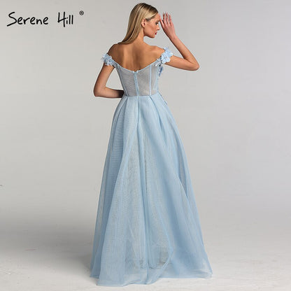 Sale Blue Off Shoulder Sexy Beach Evening Dresses Handmade Flowers Pearls Sleeveless Evening Gowns 2025 Serene Hill LA60868 - SERENE HILL