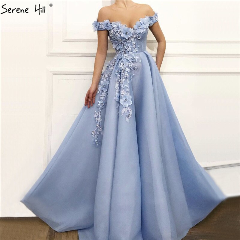 Sale Blue Off Shoulder Sexy Beach Evening Dresses Handmade Flowers Pearls Sleeveless Evening Gowns 2025 Serene Hill LA60868 - SERENE HILL