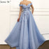 Sale Blue Off Shoulder Sexy Beach Evening Dresses Handmade Flowers Pearls Sleeveless Evening Gowns 2025 Serene Hill LA60868 - SERENE HILL