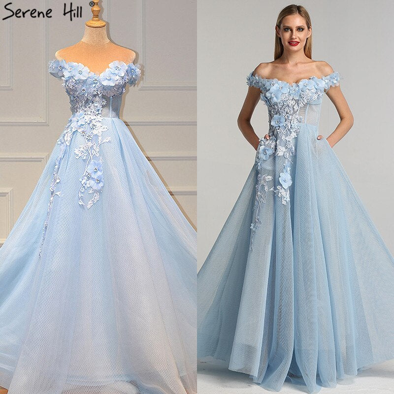 Sale Blue Off Shoulder Sexy Beach Evening Dresses Handmade Flowers Pearls Sleeveless Evening Gowns 2025 Serene Hill LA60868 - SERENE HILL