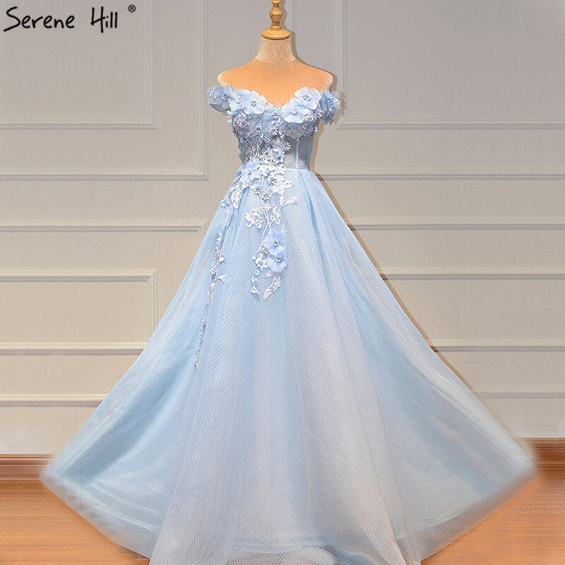 Sale Blue Off Shoulder Sexy Beach Evening Dresses Handmade Flowers Pearls Sleeveless Evening Gowns 2025 Serene Hill LA60868 - SERENE HILL