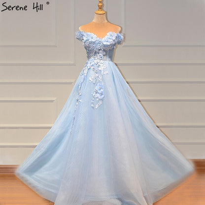 Sale Blue Off Shoulder Sexy Beach Evening Dresses Handmade Flowers Pearls Sleeveless Evening Gowns 2025 Serene Hill LA60868 - SERENE HILL