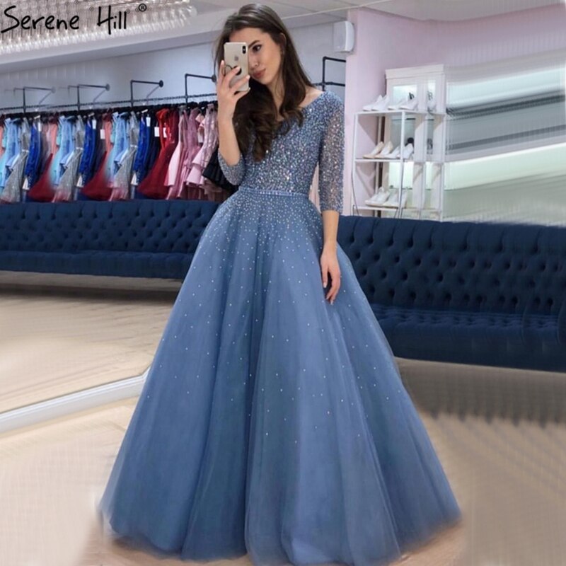 On Sale no return no refundBlue V-neck Sexy Ball Gowns Evening Dresses 2025 Crystal Sparkle Tulle Formal Dress Design Serene Hill LA70481 - SERENE HILL