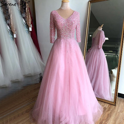 On Sale no return no refundBlue V-neck Sexy Ball Gowns Evening Dresses 2025 Crystal Sparkle Tulle Formal Dress Design Serene Hill LA70481 - SERENE HILL
