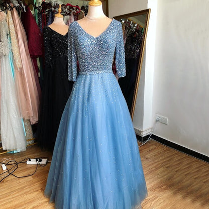 On Sale no return no refundBlue V-neck Sexy Ball Gowns Evening Dresses 2025 Crystal Sparkle Tulle Formal Dress Design Serene Hill LA70481 - SERENE HILL