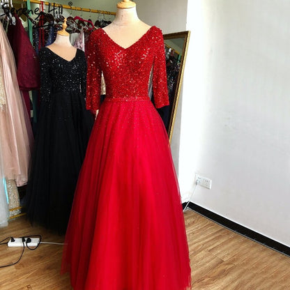 On Sale no return no refundBlue V-neck Sexy Ball Gowns Evening Dresses 2025 Crystal Sparkle Tulle Formal Dress Design Serene Hill LA70481 - SERENE HILL