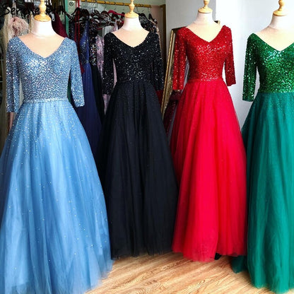 On Sale no return no refundBlue V-neck Sexy Ball Gowns Evening Dresses 2025 Crystal Sparkle Tulle Formal Dress Design Serene Hill LA70481 - SERENE HILL