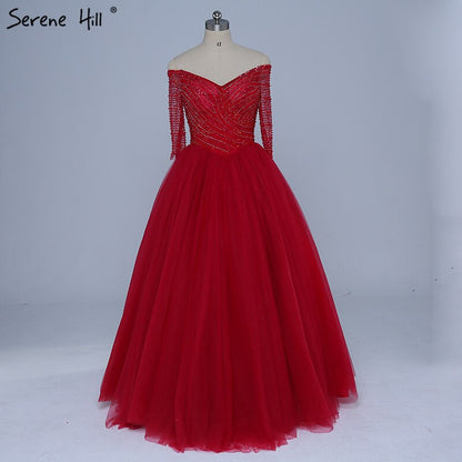 On Sale No Return No Refund Boat Neck Beading Sequined Tulle Evening Dresses Wine Red Sexy Bridal Evening Gown Robe De Soiree 2025 Real Photo LA6393 - SERENE HILL