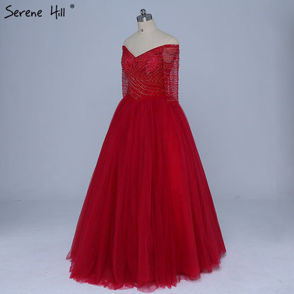 On Sale No Return No Refund Boat Neck Beading Sequined Tulle Evening Dresses Wine Red Sexy Bridal Evening Gown Robe De Soiree 2025 Real Photo LA6393 - SERENE HILL