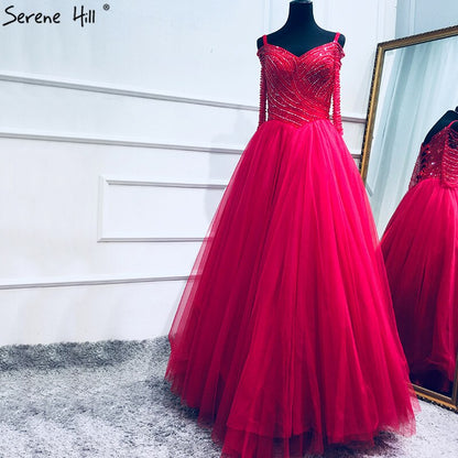 On Sale No Return No Refund Boat Neck Beading Sequined Tulle Evening Dresses Wine Red Sexy Bridal Evening Gown Robe De Soiree 2025 Real Photo LA6393 - SERENE HILL
