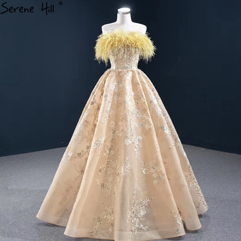Champagne A-Line Sexy Evening Dresses 2025 Off Shoulder Feathers Sparkle Formal Dress Serene Hill HM67164 - SERENE HILL