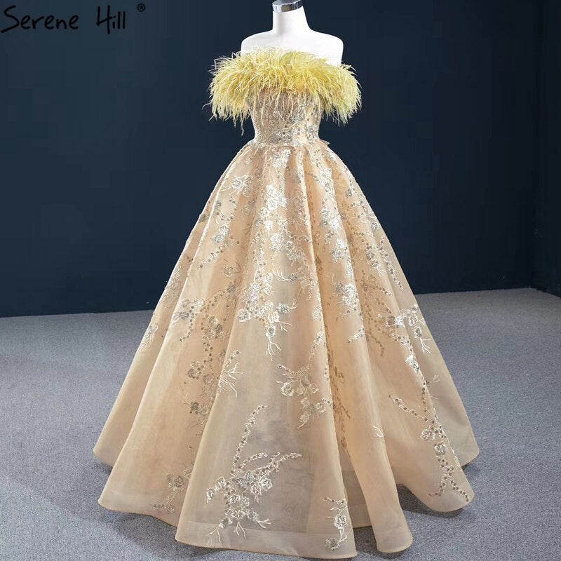 Champagne A-Line Sexy Evening Dresses 2025 Off Shoulder Feathers Champagne / 2 Champagne A-Line Sexy Evening Dresses 2025 Off Shoulder Feathers Champagne / 2