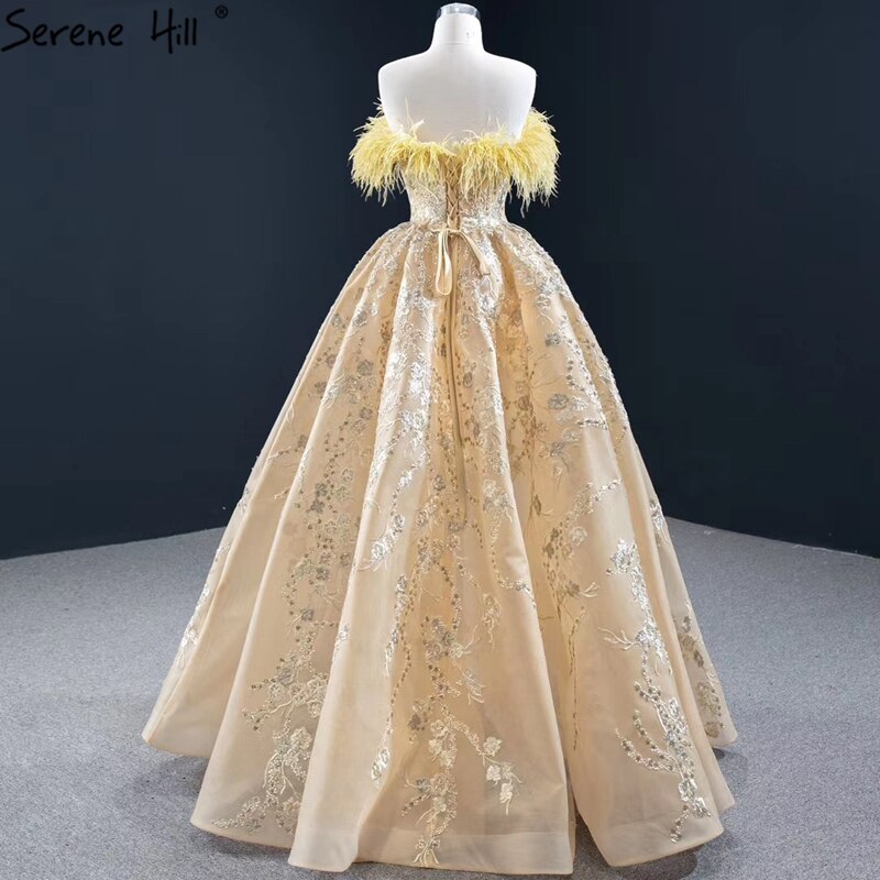 Champagne A-Line Sexy Evening Dresses 2025 Off Shoulder Feathers Sparkle Formal Dress Serene Hill HM67164 - SERENE HILL