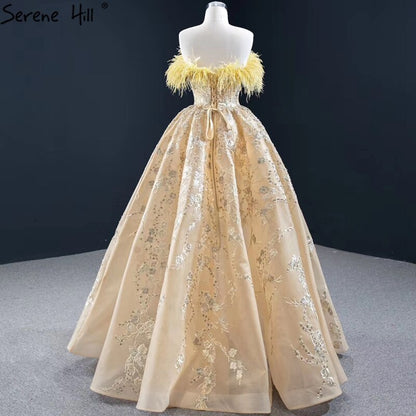 Champagne A-Line Sexy Evening Dresses 2025 Off Shoulder Feathers Sparkle Formal Dress Serene Hill HM67164 - SERENE HILL