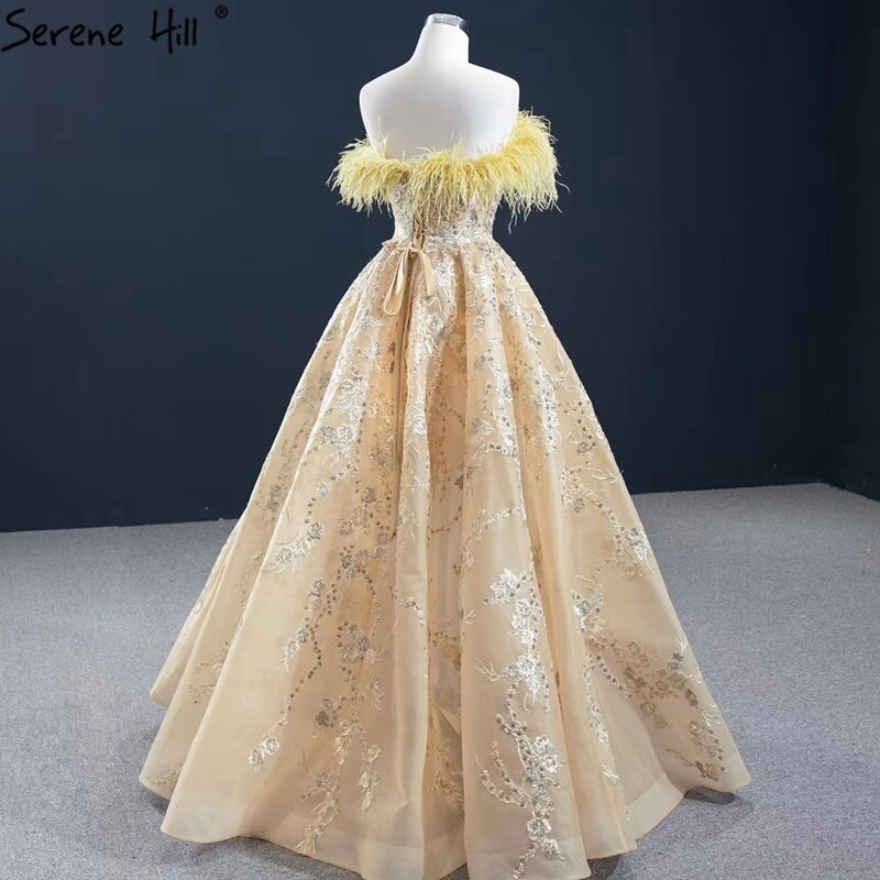 Champagne A-Line Sexy Evening Dresses 2025 Off Shoulder Feathers Sparkle Formal Dress Serene Hill HM67164 - SERENE HILL