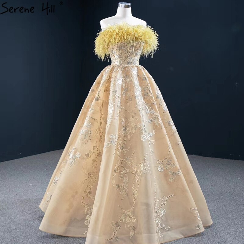 Champagne A-Line Sexy Evening Dresses 2025 Off Shoulder Feathers Sparkle Formal Dress Serene Hill HM67164 - SERENE HILL