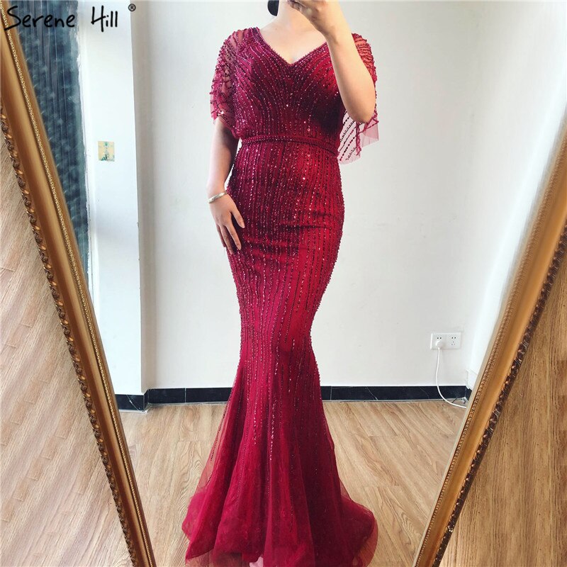 Sale Champagne Dubai Luxury Half Sleeves Evening Dresses 2025 Mermaid Beading Crystal Evening Gowns Design Real Photo LA70163 - SERENE HILL