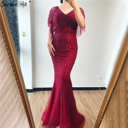 Sale Champagne Dubai Luxury Half Sleeves Evening Dresses 2025 Mermaid Beading Crystal Evening Gowns Design Real Photo LA70163 - SERENE HILL