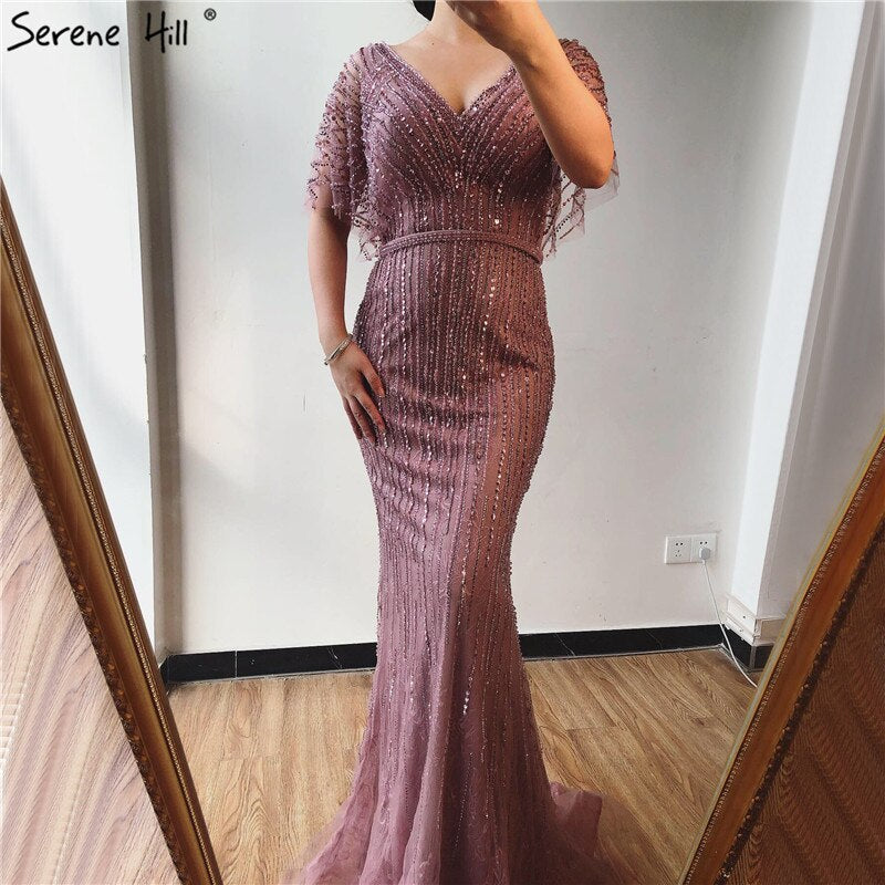 Sale Champagne Dubai Luxury Half Sleeves Evening Dresses 2025 Mermaid Beading Crystal Evening Gowns Design Real Photo LA70163 - SERENE HILL