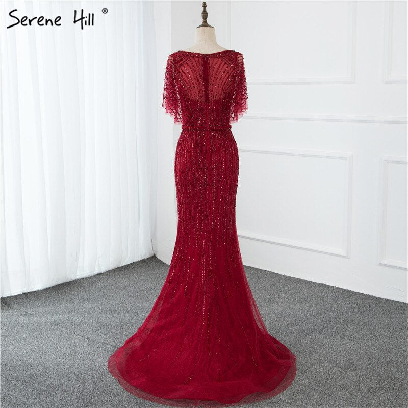 Sale Champagne Dubai Luxury Half Sleeves Evening Dresses 2025 Mermaid Beading Crystal Evening Gowns Design Real Photo LA70163 - SERENE HILL