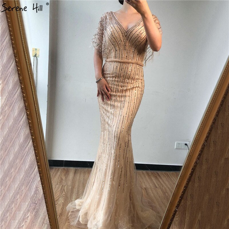 Sale Champagne Dubai Luxury Half Sleeves Evening Dresses 2025 Mermaid Beading Crystal Evening Gowns Design Real Photo LA70163 - SERENE HILL
