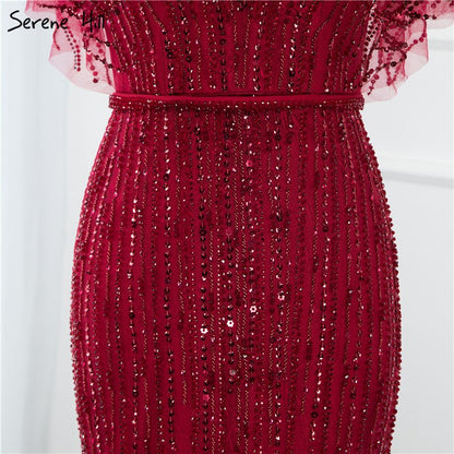Sale Champagne Dubai Luxury Half Sleeves Evening Dresses 2025 Mermaid Beading Crystal Evening Gowns Design Real Photo LA70163 - SERENE HILL