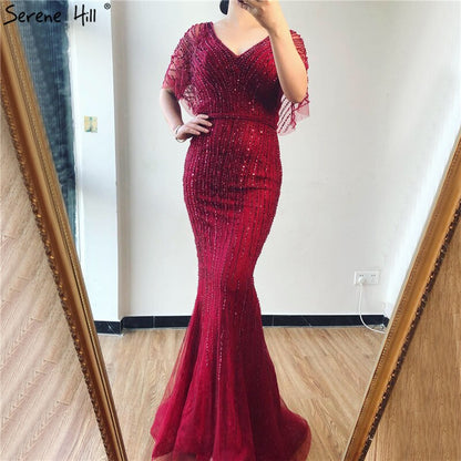 Sale Champagne Dubai Luxury Half Sleeves Evening Dresses 2025 Mermaid Beading Crystal Evening Gowns Design Real Photo LA70163 - SERENE HILL