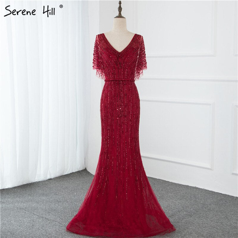 Sale Champagne Dubai Luxury Half Sleeves Evening Dresses 2025 Mermaid Beading Crystal Evening Gowns Design Real Photo LA70163 - SERENE HILL