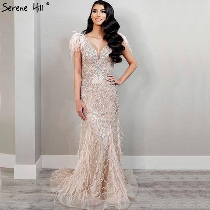 Champagne Luxury V-Neck Sexy Mermaid Evening Dresses 2025 Diamond Feathers Sleeveless Formal Dress Serene Hill LA70350 - SERENE HILL